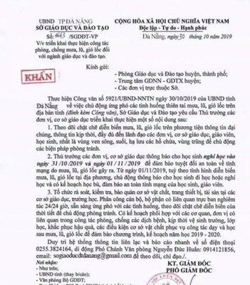 Văn bản giả mạo Sở GD&ĐT Đà Nẵng thông báo cho học sinh nghỉ học do bão - Anh 1