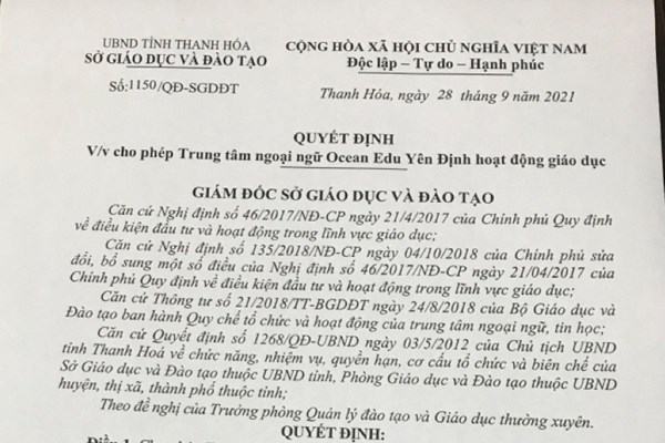 Chánh Thanh tra Sở GD&ĐT Thanh Hóa nói gì về hoạt động khi chưa được cấp phép của Trung tâm ngoại ngữ Ocean Edu? - Anh 2
