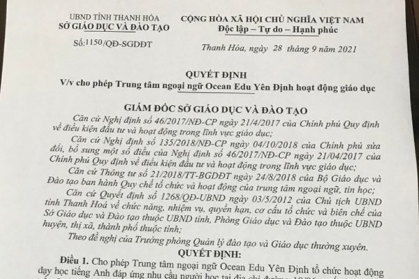 Trung tâm ngoại ngữ Ocean Edu (Yên Định,Thanh Hóa) hoạt động khi chưa được cấp phép: Phó Giám đốc sở GD&ĐT nói chưa phải là sai phạm lớn - Anh 2