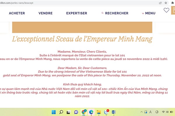 Millon lại thông báo lùi thời gian tổ chức đấu giá kim ấn 