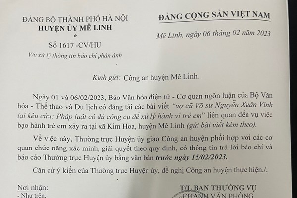 Phản hồi loạt bài​​​​​​​ vợ cũ “võ sư” Nguyễn Xuân Vinh lại kêu cứu: Huyện ủy Mê Linh đề nghị công an xác minh, giải quyết - Anh 1