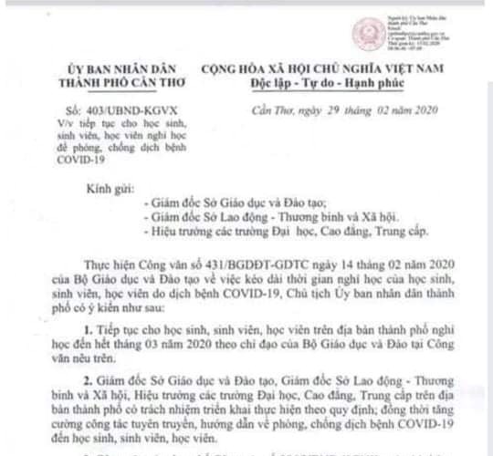 Giả mạo công văn của thành phố Cần Thơ cho học sinh nghỉ hết tháng 3 - Anh 1