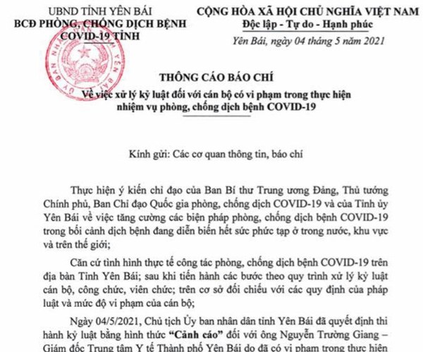Cảnh cáo Giám đốc Trung tâm Y tế TP Yên Bái do vi phạm phòng dịch - Anh 1