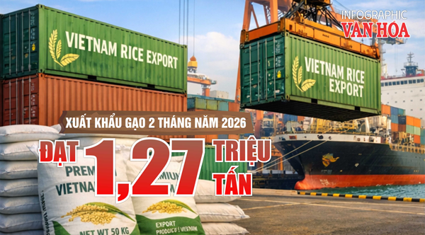(Infographic) Xuất khẩu gạo 2 tháng đầu năm 2026 đạt 1,27 triệu tấn, giá trị giảm gần 12%