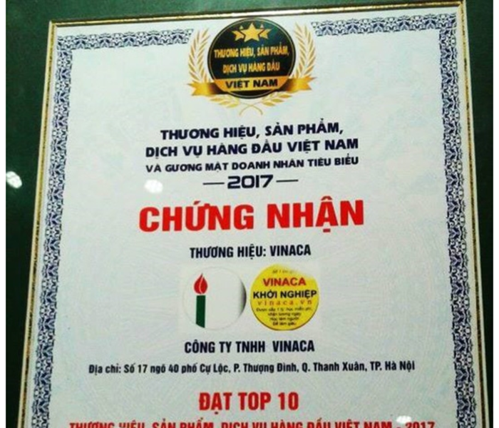 Về việc Vinaca được chứng nhận Top 10 thương hiệu: Chứng nhận 