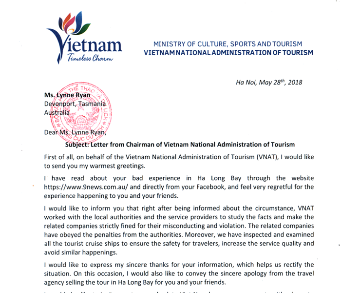 Liên quan đến “chuyến đi kinh dị” của du khách Australia tới vịnh Hạ Long: Tổng cục trưởng TCDL mời bà Lynne Ryan quay lại Việt Nam - Anh 1